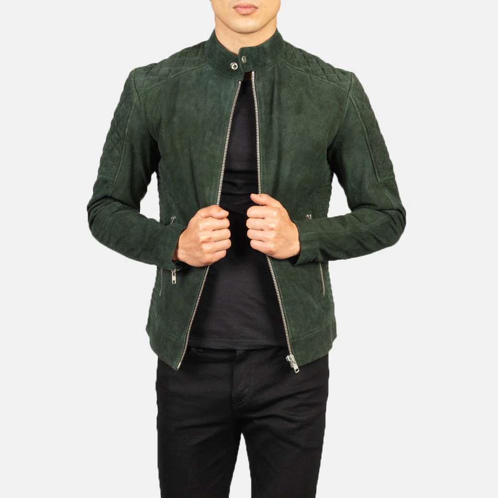 Men's Quilted Green Suede Leather Jacket - Image 4