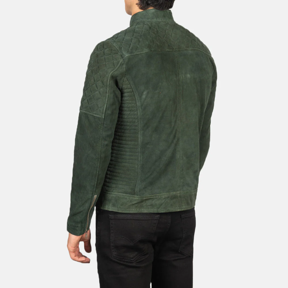 Men's Quilted Green Suede Leather Jacket - Image 2