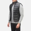 Mens Black Leather Puffer Vest - Image 6