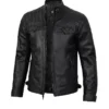 Mens Real Sheepskin Leather Cafe Racer Biker Jacket Black