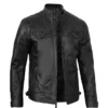 Mens Real Sheepskin Leather Cafe Racer Biker Jacket Black