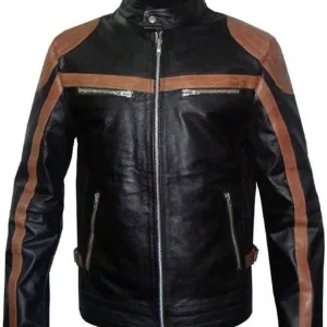 Men's Brown Stripes Leather Moto Biker Jacket