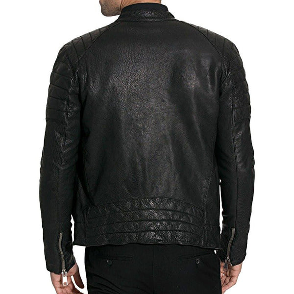 Mens Waxed Sheepskin Leather Cafe Racer Biker Jacket Black