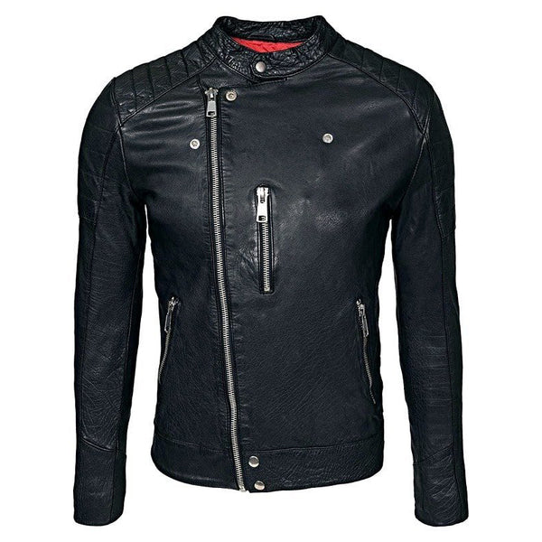 Mens Waxed Sheepskin Leather Cafe Racer Biker Jacket Black
