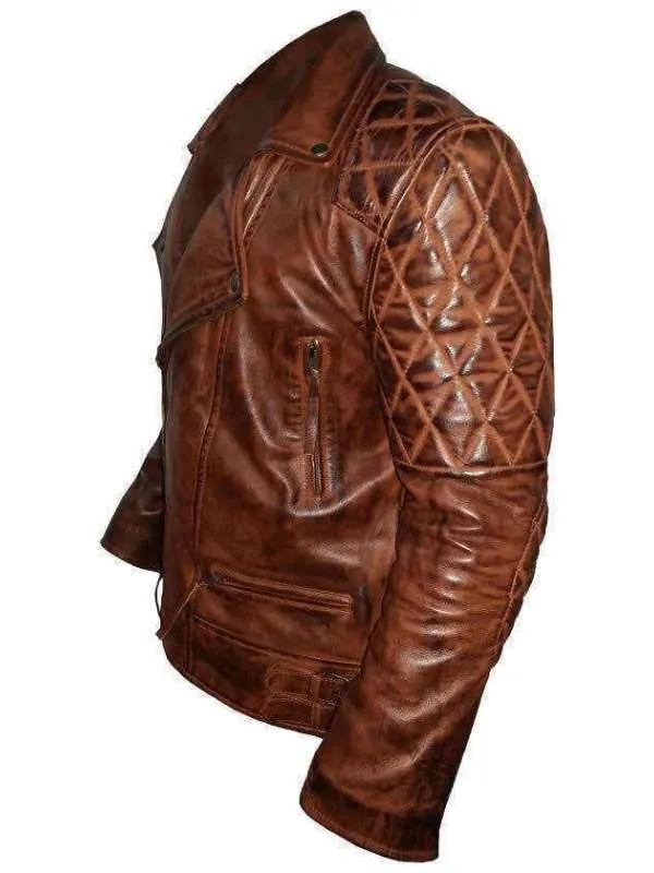 Mens Diamond Quilted Vintage Leather Biker Jacket Brown