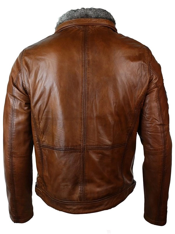 Mens Distressed Leather Biker Jacket Belted Brown Fur Collar
