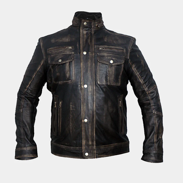 Mythreshold Men's Distressed Black Cafe Racer Leather Jacket – Vintage Biker Style