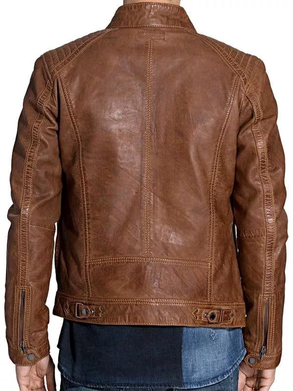 Mens Waxed Sheepskin Fashion Leather Jacket Elegant Brown