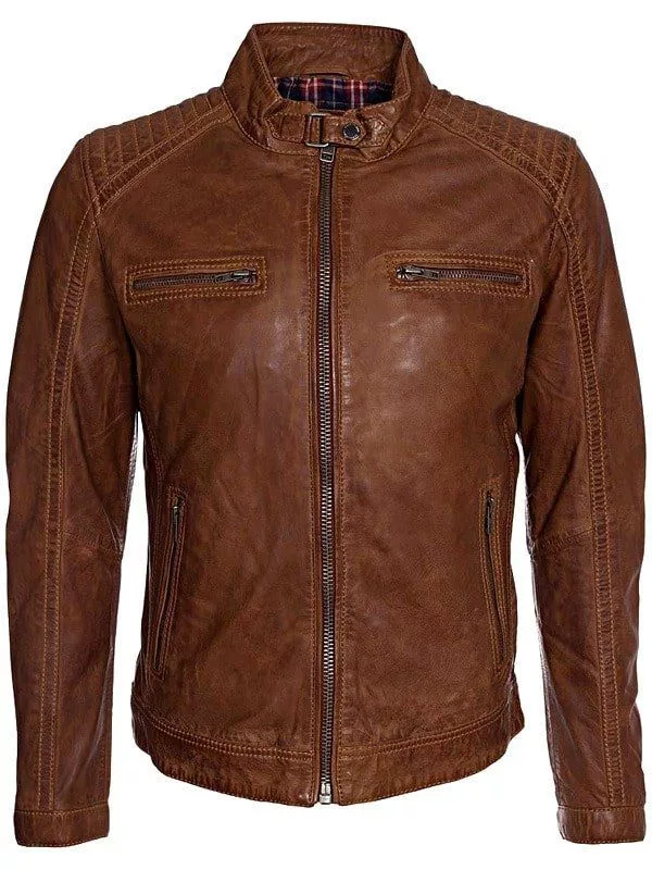 Mens Waxed Sheepskin Fashion Leather Jacket Elegant Brown