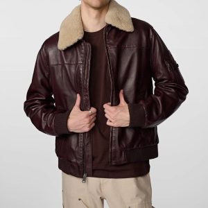 Men Aviator Leather Bomber Jacket with Fur Hood Brown