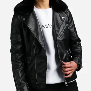 Mens Leather Biker Jacket With Fur Collar