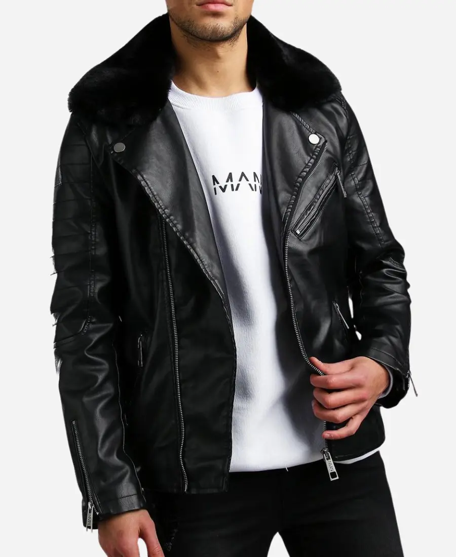 Mens Leather Coat With Fur Collar Men's Black Large Faux Fur