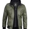 Mens Army Green Bomber Leather Jacket - Image 2