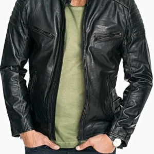 Mens Quilted Rub Off Goatskin Leather Jacket Distressed Black