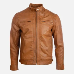 Men’s Quilted Tan Leather Biker Jacket