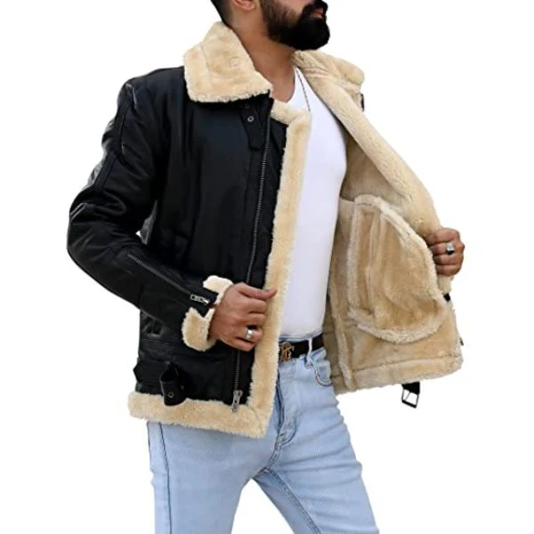 Mens Sheepskin Fashion Leather Jacket Decent Black