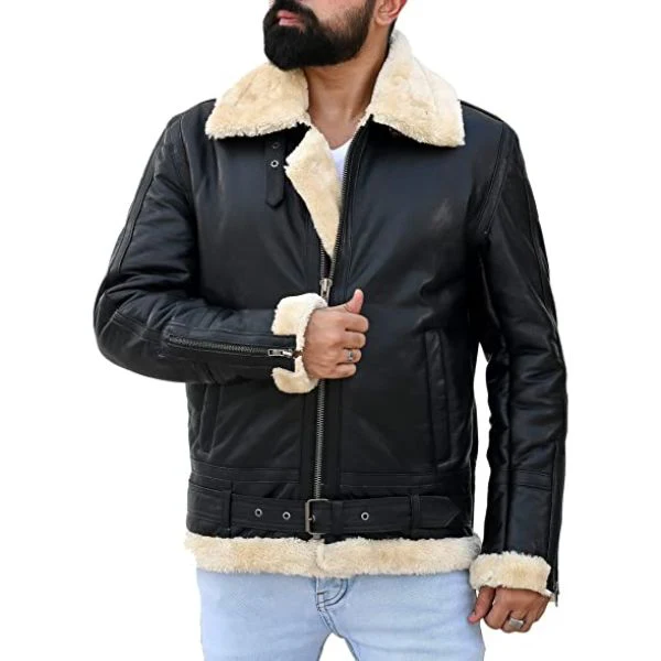 Mens Sheepskin Fashion Leather Jacket Decent Black