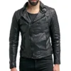 Mens Waxed Sheepskin Leather Motorcycle Jacket Black