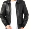 Mens Shirt Collar Black Bomber Leather Jacket