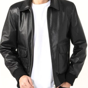 Mens Shirt Collar Black Bomber Leather Jacket