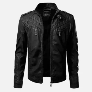 Mens Slim Fit Sheepskin Leather Bomber Jacket Black