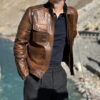 Mens Slimfit Motorcycle Brown Leather Jacket 5