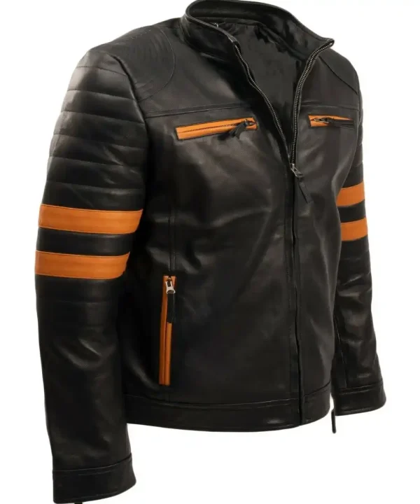 Men's Brown Stripe Caf Racer Leather Jacket - Image 2