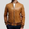 Mens Waxed Sheepskin Leather Bomber Jacket Brown