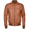 Mens Waxed Sheepskin Leather Bomber Jacket Tan Brown