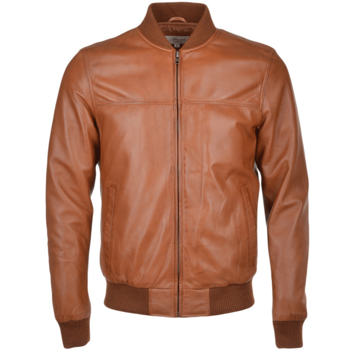Mens Waxed Sheepskin Leather Bomber Jacket Tan Brown