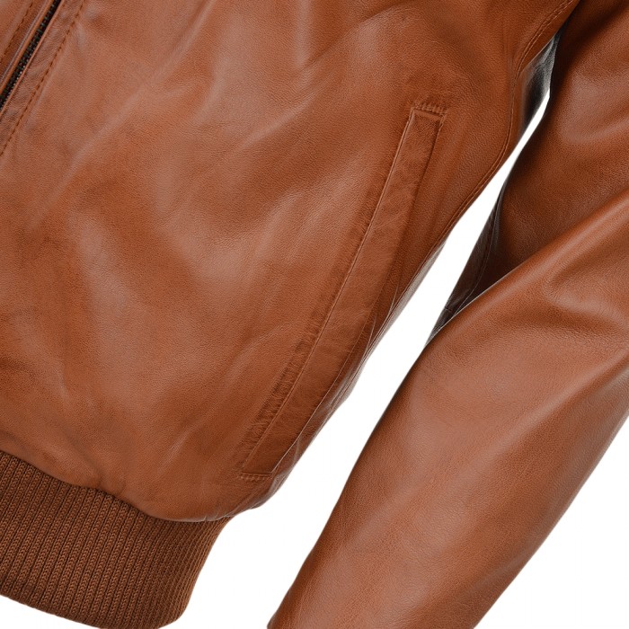 Mens Waxed Sheepskin Leather Bomber Jacket Tan Brown