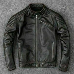 Mens Vintage Style Cafe Racer Leather Biker Jacket Black