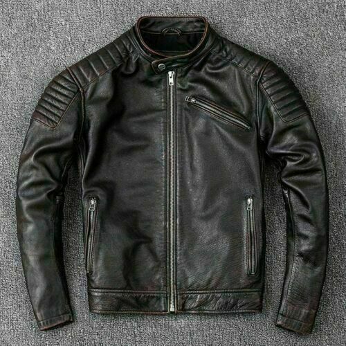 Mens Vintage Style Cafe Racer Leather Biker Jacket Black