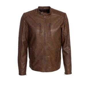 Mens Waxed Sheepskin Fashion Leather Jacket Camel Brown