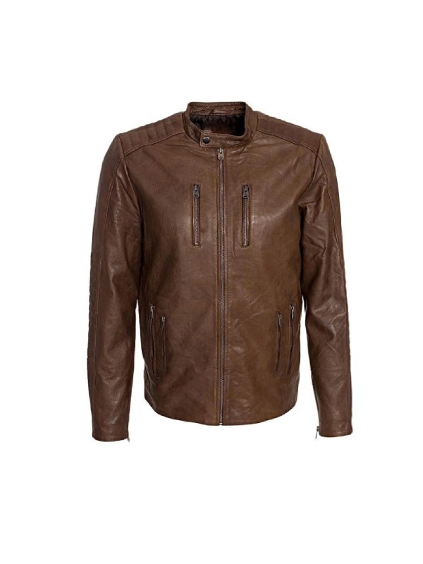 Mens Waxed Sheepskin Fashion Leather Jacket Camel Brown