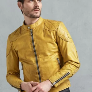 Men’s Yellow Cafe Racer Leather Biker Jacket