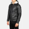 Mens Plain Black Bomber Leather Jacket - Image 3