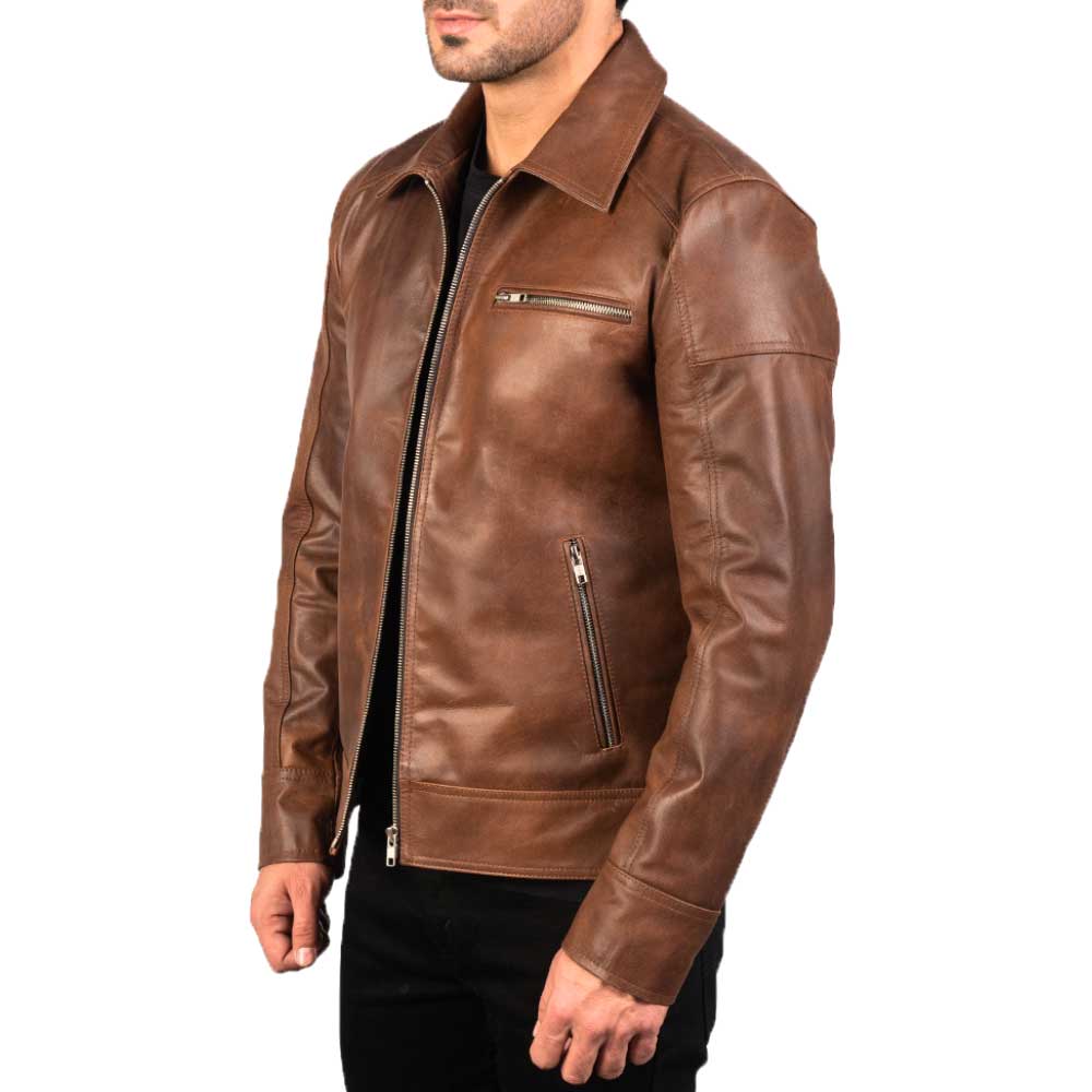 Mens Brown Leather Shirt Collar Jacket