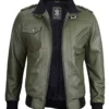 Mens Army Green Bomber Leather Jacket - Image 4