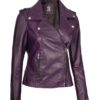 Womens Short Fitted Leather Motorcycle Jacket Purple