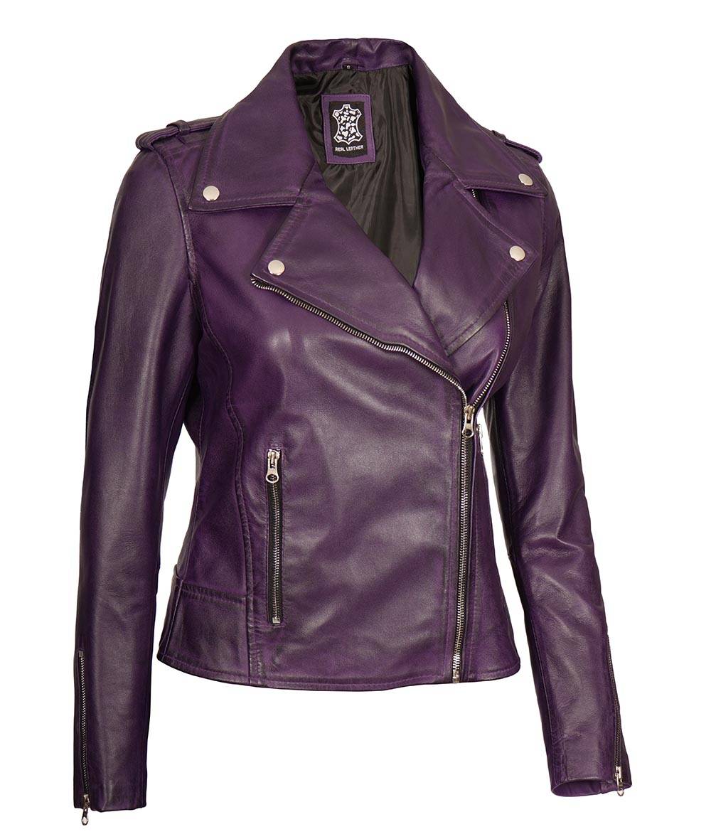 Womens Short Fitted Leather Motorcycle Jacket Purple