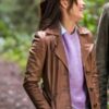 Murder in a Small Town Kristin Kreuk Brown Leather Coat - Image 2