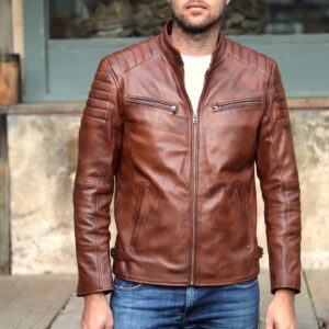 Mens Moto Racer Brown Leather Jacket