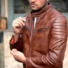 Mens Moto Racer Brown Leather Jacket