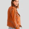 Womens Brown Studded Biker Leather Jacket - Image 3
