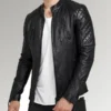 Mens Diamond Quilted Real Sheepskin Leather Jacket Black