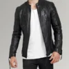Mens Diamond Quilted Real Sheepskin Leather Jacket Black