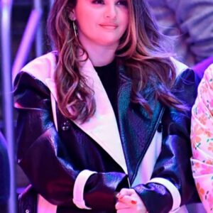 Selena Gomez Black and White Leather Coat