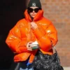 Dua Lipa Shiny Orange Puffer Jacket