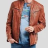 Snap Tab Collar Crinkle Brown Leather Jacket For Mens
